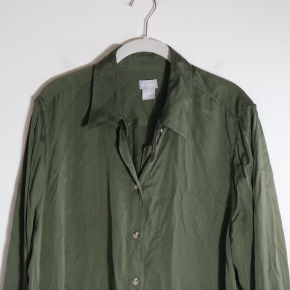 Chicos Sandwash Satin Solid Shirt Women 3 XL Olive Green Button Down Flowy Tunic - Picture 2 of 6